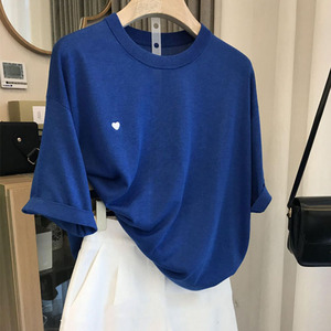 LILY MOST2023年新款高级感别致漂亮蓝色上衣圆领爱心T恤女夏运动