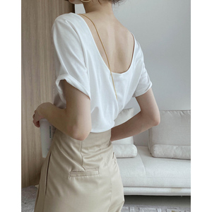 法式气质白色纯棉大领口短袖t恤女夏设计感小众露背独特别致上衣