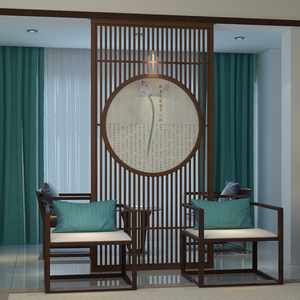 中式圆形镂空屏风隔断装饰入户玄关客厅酒店荷花实木落地栅栏座屏