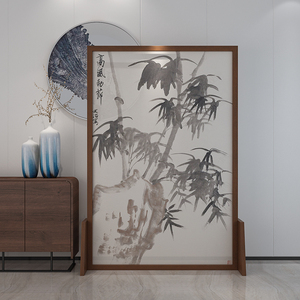新中式实木屏风隔断装饰玄关客厅书房现代简约半透纱国画竹子座屏