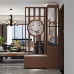 现代中式客厅屏风隔断柜可入户遮挡玄关隔断置物架实木栅栏屏风柜