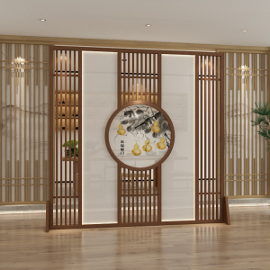现代简约栅栏屏风客厅过道茶室中式圆形玄关隔断实木半透座屏葫芦