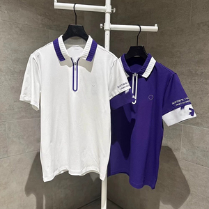 新款夏季韩国原单高尔夫男士时尚翻领半拉链短袖标志撞色运动上衣