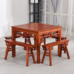 中式榆木八仙桌实木餐桌椅组合仿古小方桌明清古典酒店酒楼桌椅