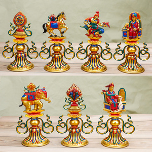 轮王七政宝藏传供奉用品纯铜彩绘七珍宝摆件七宝供奉摆件
