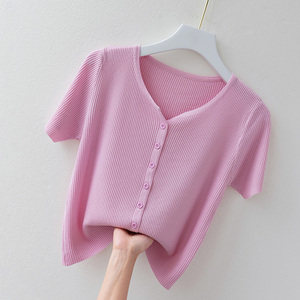 洋气粉色短袖冰丝针织t恤女夏季2024新款修身v领短款开衫上衣薄款