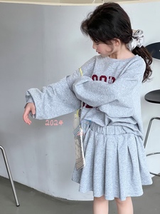 波拉bora韩国童装2024春季新酷girl套头卫衣 百褶短裙两件套女童