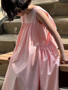 波拉韩国童装2024夏季新女童清凉款无袖公主裙圆领纯色光板连衣裙