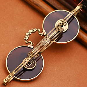 新款复古铜钱腿二龙戏珠天然水晶眼镜石头镜送长辈养眼护目墨镜