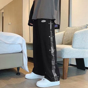 中国潮李宁韩版腰果花排扣裤子男春秋宽松直筒阔腿休闲运动拖地裤