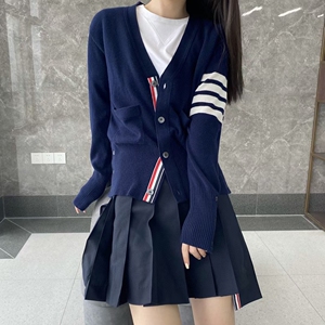 thombrowne代购tb经典条纹4扣羊绒开衫汤姆布朗v领针织衫男女外套