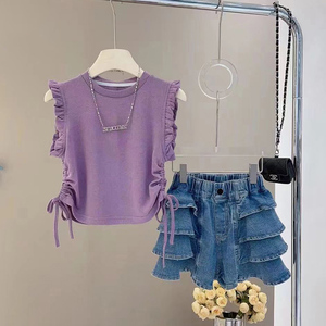 法国Fad Sincgo女童紫色背心套装夏季韩版洋气儿童牛仔短裤两件套