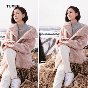 tuxee佟丽娅明星同款衣服2020冬装新款藕粉色中长款羊羔毛外套女