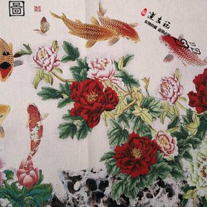 牡丹鲤鱼图仿古做旧织锦画丝绸精致刺绣苏绣机绣未装裱动物推荐