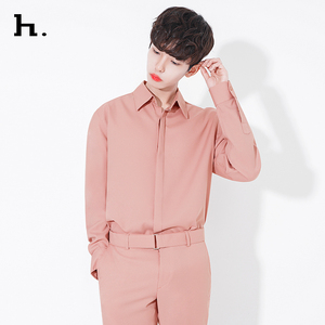 hanarchy男士时尚博主雅痞气质裸粉色衬衫潮流简约休闲衬衣男韩版
