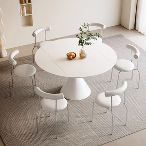 奶油风岩板餐桌可旋转折叠家用小户型多功能带转盘华尔兹圆形饭桌