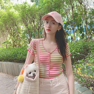 关晓彤泫雅风同款彩色条纹开衫短袖v领t恤女夏季露脐修身上衣潮
