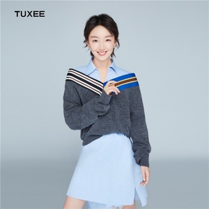 正品tuxee周冬雨明星同款衣服浅蓝色翻领衬衫裙女装v领针织衫两件