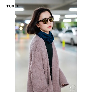 明星杜鹃同款衣服时尚紫色羊圈毛厚款毛衣开衫针织外套tb