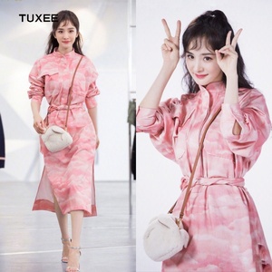 正品tuxee杨幂明星同款衣服时尚粉色云朵印花连衣裙开叉系带衬衫