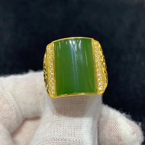 黄金戒指和田碧玉戒指999足金指环和田玉金镶玉男戒大老板款