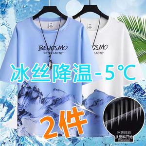 【2件】冰丝短袖青少年男士夏季新款T恤ins宽松大码百搭休闲上衣