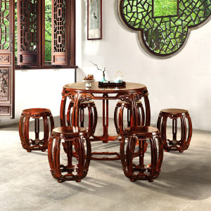 苏素明式红木家具圆桌鼓凳组合微凹黄檀鼓桌圆台中式红酸枝圆餐桌