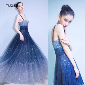正品tuxee重磅吊带亮片baby杨颖明星同款高腰长款星空晚礼服主持