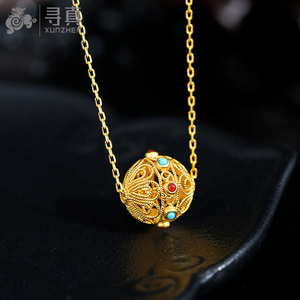 999足金绣球黄金吊坠女古法手工花丝镶嵌结婚首饰24k纯金项链套链