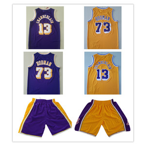 湖人73号罗德曼13张伯伦张大帅复古球衣网眼刺绣篮球服短裤 黄紫