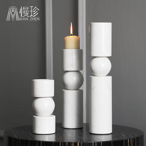 现代样板房欧式风格烛台餐厅桌面创意大理石圆柱蜡烛摆台装饰品
