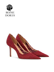 RoseDoris红色婚鞋女2024新款刺绣蕾丝新娘鞋红色秀禾婚纱高跟鞋