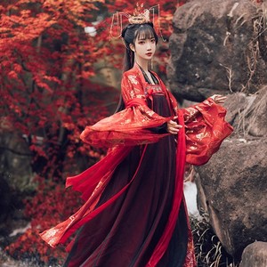 红色汉服女夏季中国风对襟上襦齐胸襦裙大袖衫套装嫁衣广袖非古装