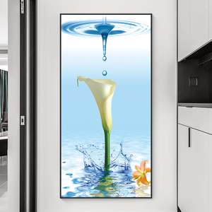 走廊尽头过道竖版玄关入门马蹄莲挂画现代简约背景墙壁面水装饰画