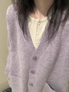 新款显瘦慵懒风紫灰色针织开衫宽松小众港风高级感韩版毛衣女外套