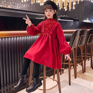 女童红色连衣裙春秋装韩版洋气公主裙子礼服中大童女孩加厚拜年服