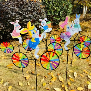 热卖兔子卡通风车塑料七彩动物款式旋转装饰儿童塑料玩具风车包邮