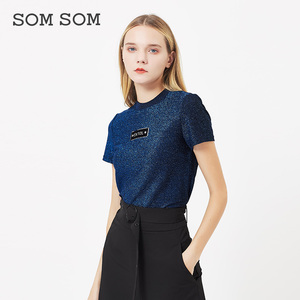 somsom索玛秋装新潮流通勤韩版时尚亮丝圆领短袖t恤女83270