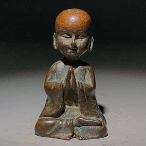 古玩出土老物件打坐合十小和尚茶宠摆件紫铜老包浆古董旧货手玩件