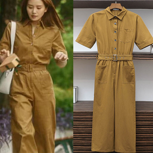 流金岁月蒋南孙刘诗诗同款黄色短袖工装裤收腰休闲连体裤女夏长款