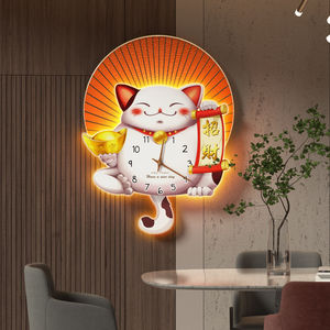 招财进宝挂钟招财猫餐厅钟表遥控灯光壁饰挂钟高颜值充电异形