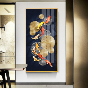 锦鲤晶瓷画玄关装饰画金玉满堂客厅走廊过道竖版挂画进门九鱼图画