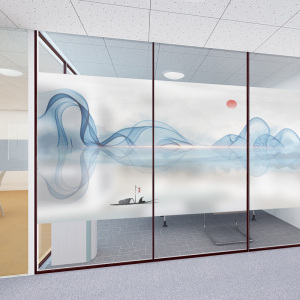 新中式超大气山水画公司企业办公室静电磨砂玻璃贴膜隔断装饰贴纸
