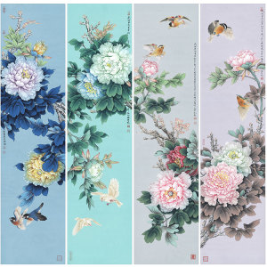 zb51love淘宝工笔花鸟四条屏国画牡丹纯手绘中国画仿古手工挂画秦薇