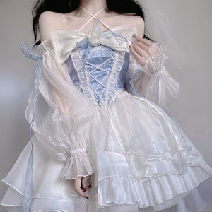 蓝色lolita连衣裙洋装设计前短后长花嫁重工大蝴蝶结拖尾公主裙子