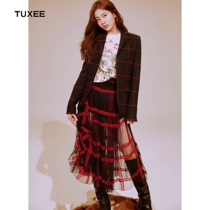 正品tuxee新赵丽颖裴秀智同款红色格子毛呢小西装蕾丝边嵌接纱裙