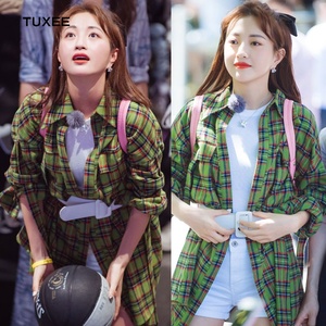 正品tuxee妻子的浪漫旅行包文婧同款衣服绿色格子衬衫夏季长袖上