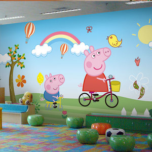 小猪佩奇墙纸儿童房卧室餐厅幼儿园主题乐园壁画卡通童装店壁纸
