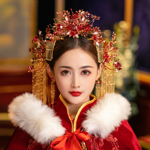 红色婚嫁发饰中式古装汉服流苏花朵超仙宫廷秀禾新娘头饰冬季新品