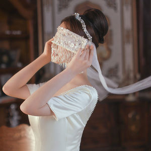 超仙个性流苏白纱宽发带面纱花朵唯美韩式气质仙女蒙面写真配饰品